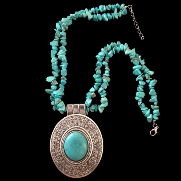 NEW Boho Handmade Double Strand Turquoise Silver Pendant Necklace, Adjustable - Picture 5 of 7
